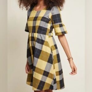 Mata Traders Yellow and Black Plaid Cotton Fit & Flare Dress